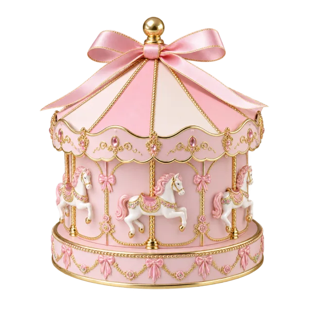 A pink carousel-shaped box with gold trim, small horses and a pink bow