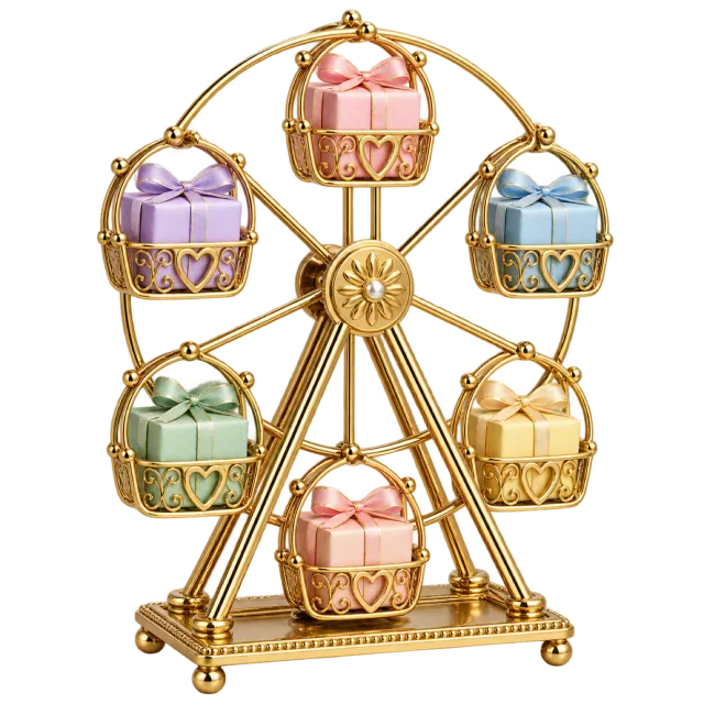 A gold Ferris wheel display carrying small pastel gift baskets