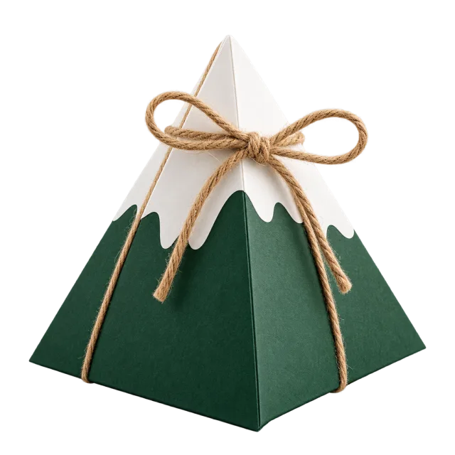 A dark green mountain-shaped box with a white peak and a twine bow