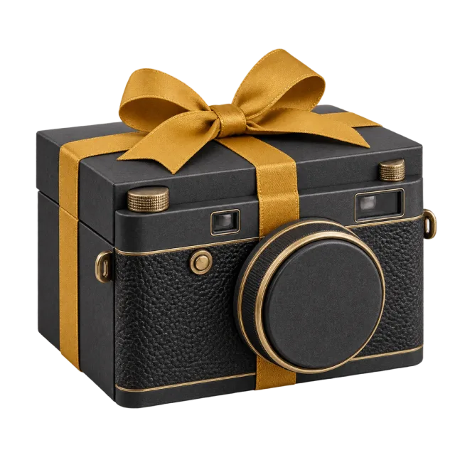 A black camera-shaped gift box with gold detailing and a gold ribbon bow