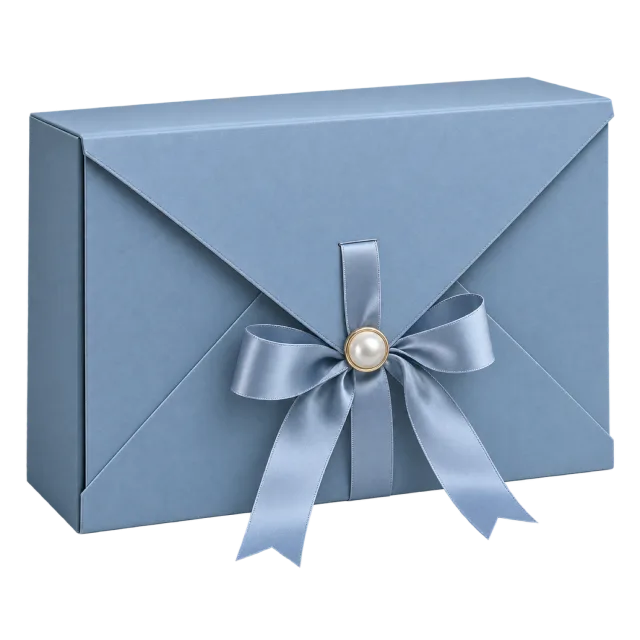 A blue envelope-shaped gift box closed with a matching bow and pearl-like ornament