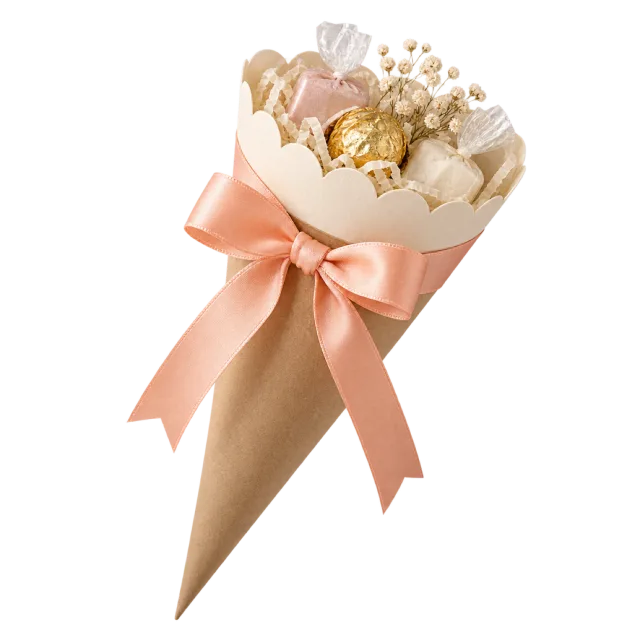A kraft-paper cone filled with pale flowers and decorative contents, tied with a peach bow