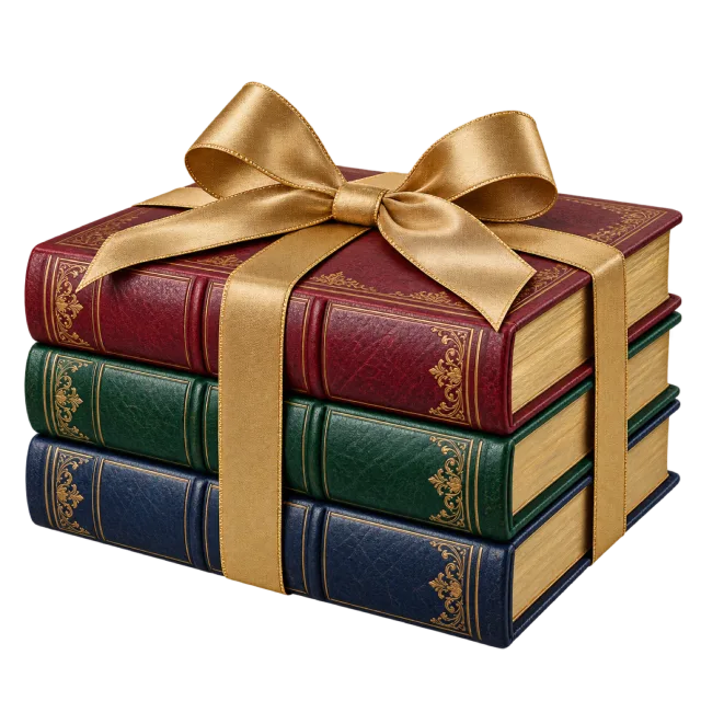Three book-shaped keepsake boxes stacked in burgundy, green and navy with a gold ribbon