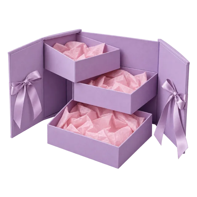 An open lavender surprise box with staggered inner trays filled with pink tissue