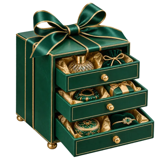 A dark green gift tower with three open drawers, gold details and a green-and-gold bow