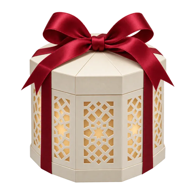 A cream octagonal lantern-style box with patterned side panels and a burgundy bow