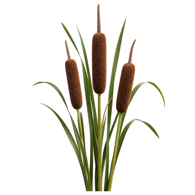 Tall brown cattail seed heads surrounded by long narrow green leaves on a transparent background