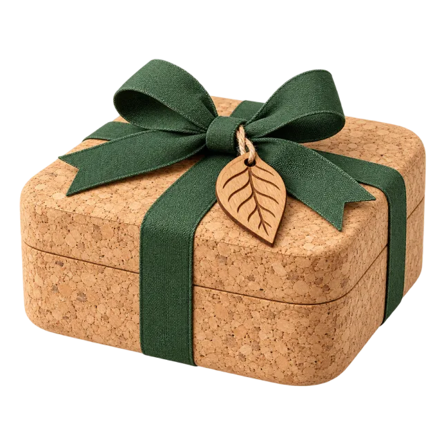 A tan cork-textured gift box with a dark green ribbon and a small leaf-shaped tag