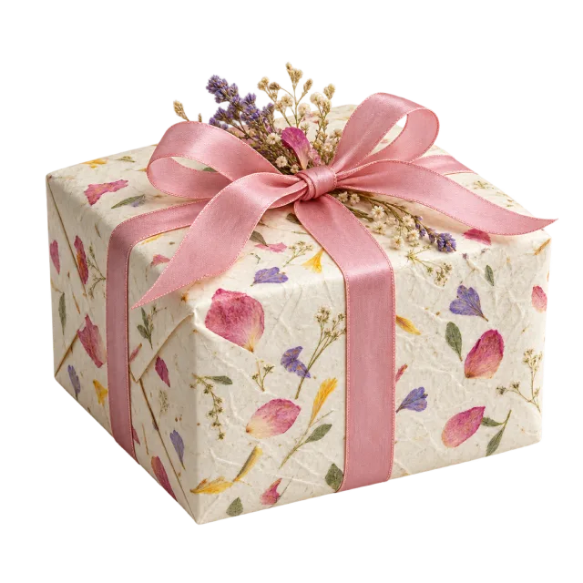 A cream parcel covered in colorful botanical petal patterns and tied with a pink bow