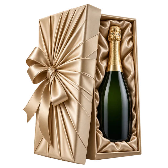 An open gold pleated gift box containing a dark bottle nestled in pale fabric