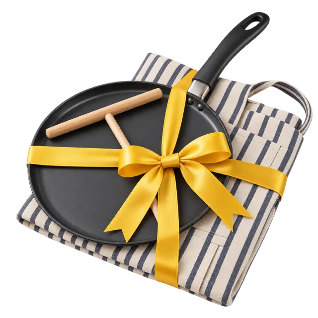A black crepe pan with wooden utensils and striped cloth, tied with a yellow ribbon