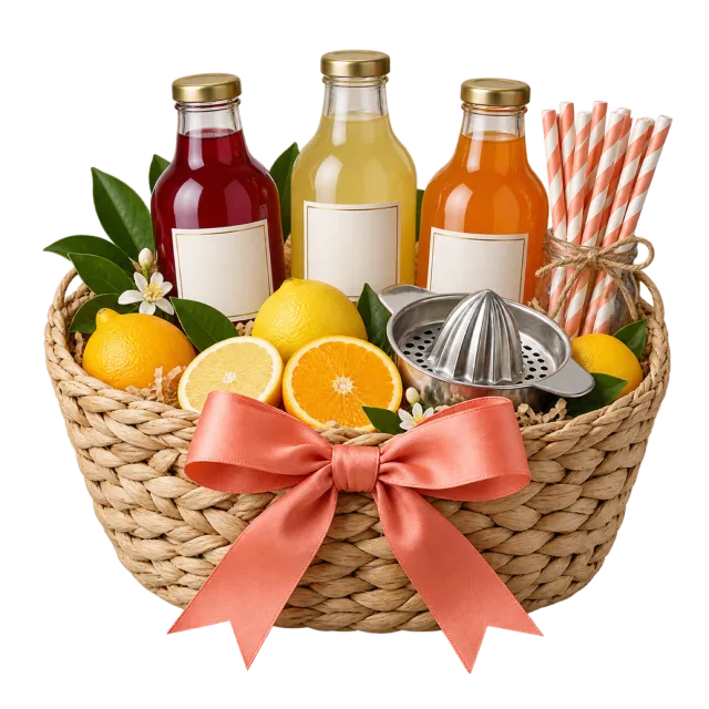 A woven basket with colorful drink bottles, citrus fruit, striped straws and a coral bow