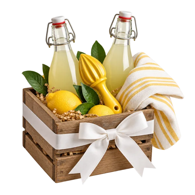 A wooden crate with pale drink bottles, lemons, a citrus reamer and a striped towel