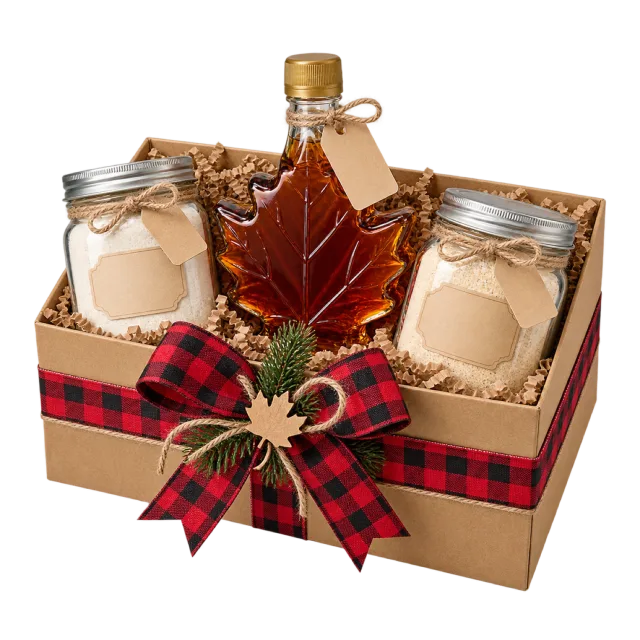 A kraft gift box with a leaf-shaped syrup bottle and glass jars, decorated with a tartan bow
