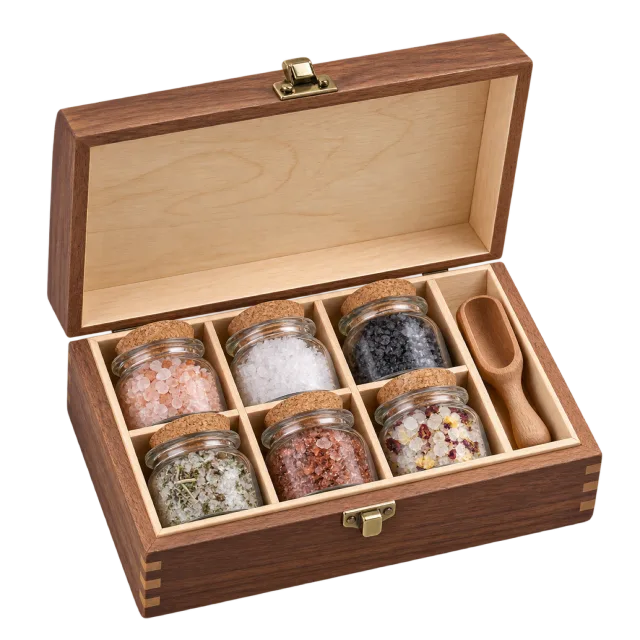 An open wooden case containing six small jars of differently colored salts and wooden scoops