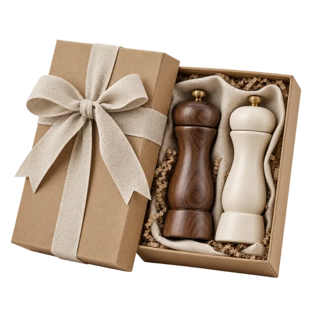 A kraft gift box with one dark and one cream-colored mill nestled beside a pale ribbon
