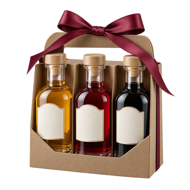 A handled gift carrier with three bottles of amber, red and dark liquid and a burgundy bow