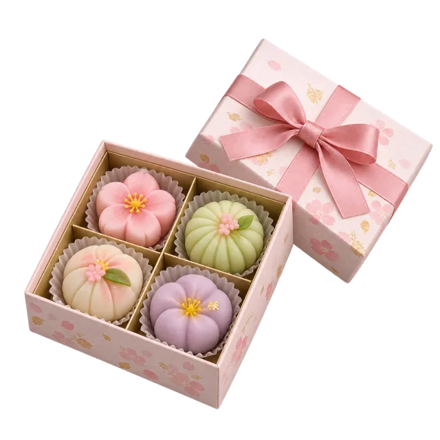 A pink gift box with four pastel flower-shaped sweets in individual compartments