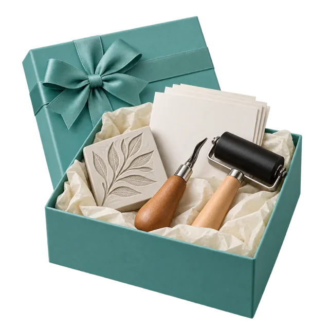An open teal craft box with a carved leaf-pattern block, paper, a roller and carving tools