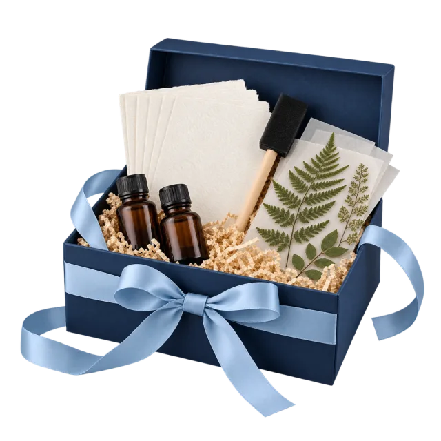 A navy gift box with small bottles, pale paper and botanical print sheets tied with a blue bow