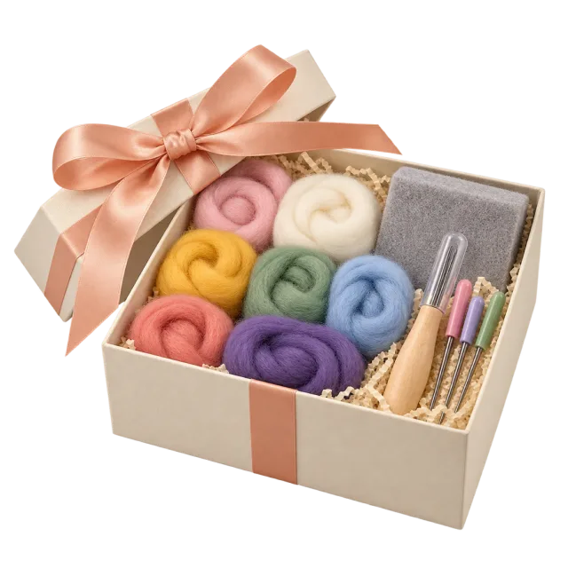 A cream gift box with rolls of colored wool, felting tools and a peach ribbon bow