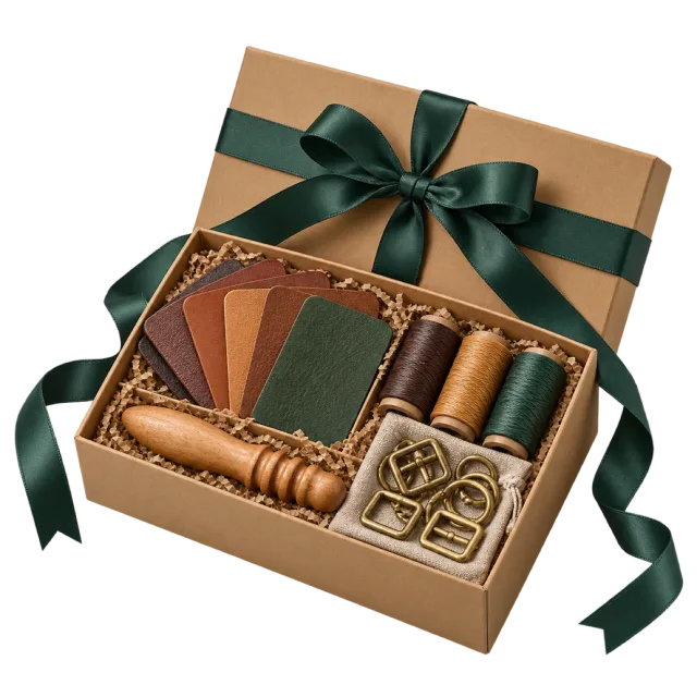 A kraft craft box with colored leather-like pieces, thread spools, tools and metal fittings