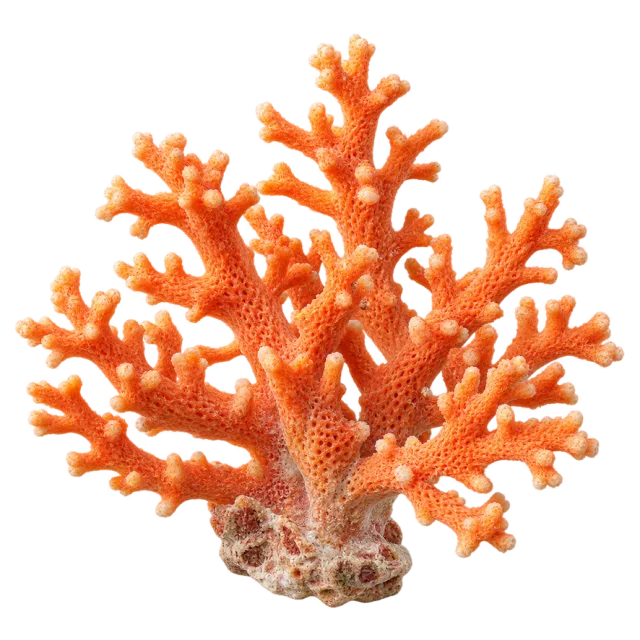 Orange branching coral with textured surfaces on a pale base on a transparent background