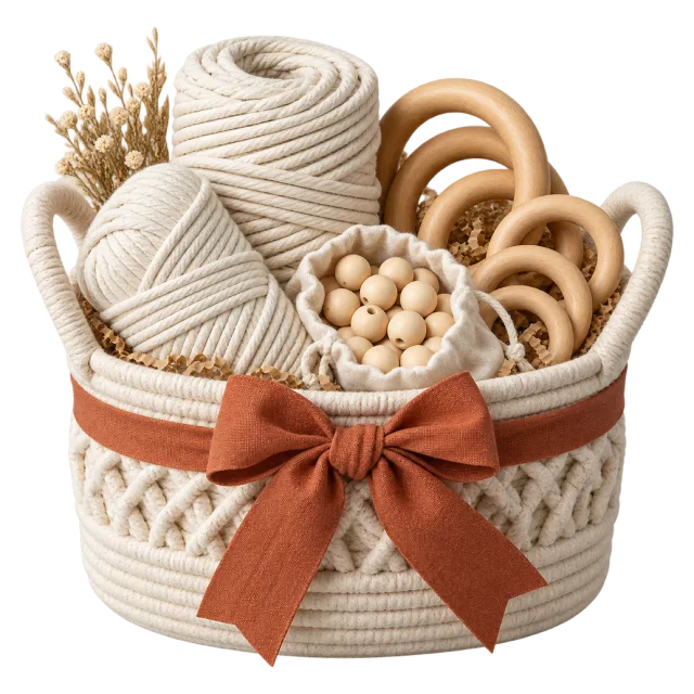 A woven basket containing pale cord, wooden rings and beads with a rust-colored bow