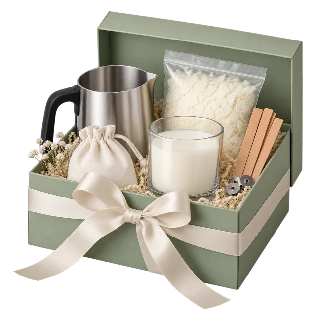 A sage-green gift box with a metal pouring jug, a glass vessel, pale wax-like material and wooden sticks