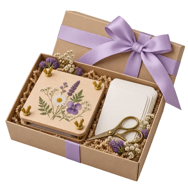 An open kraft gift set with a flower-decorated press, pale cards and a lavender ribbon