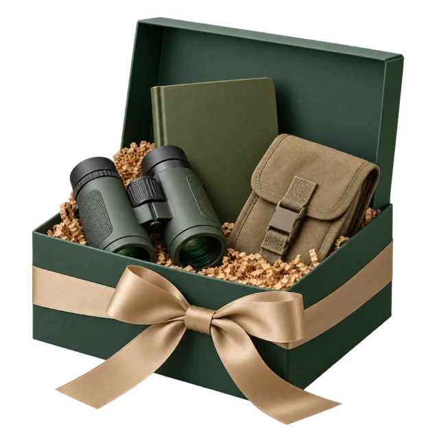 A dark green gift box with binoculars, a green notebook and a tan pouch, tied with a cream bow