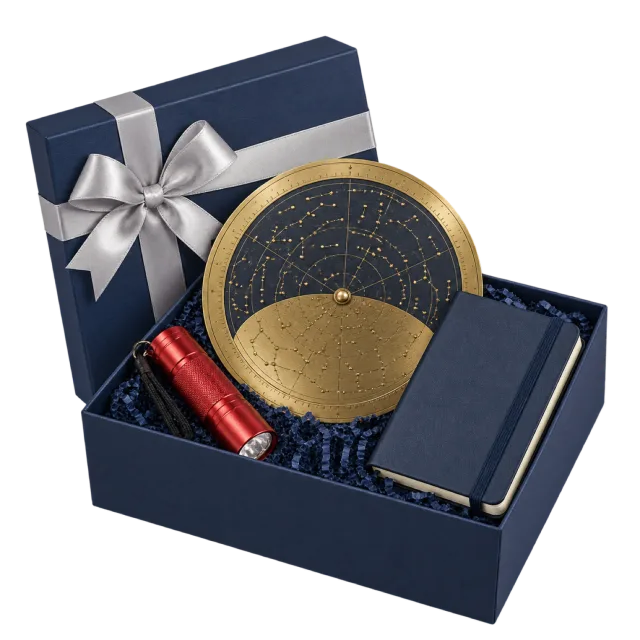 A navy gift box containing a round star chart, a red torch and a dark notebook