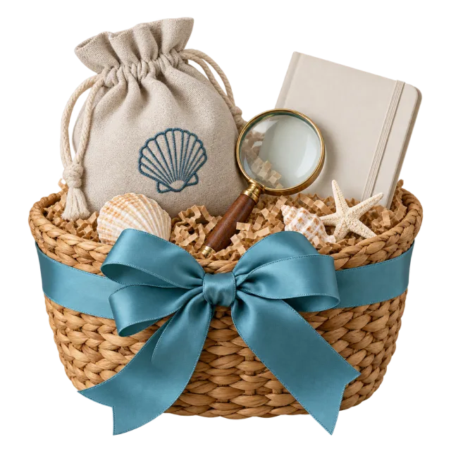 A woven basket with a shell-marked drawstring pouch, magnifying glass and notebook, tied with a teal bow