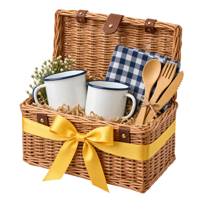 An open picnic basket with two white mugs, wooden utensils and blue checked fabric