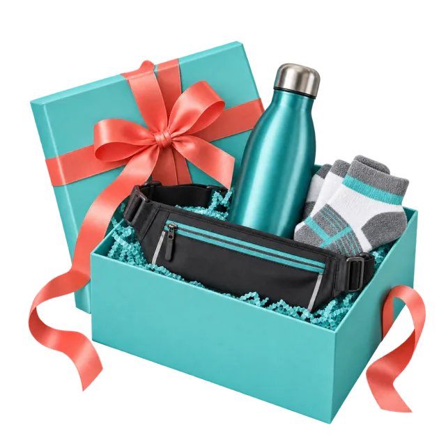 A turquoise gift box with a reusable bottle, socks and a dark running belt, tied with coral ribbon