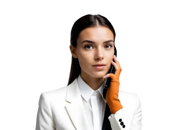 Woman wearing a white blazer and holding an orange phone beside her face on a transparent background