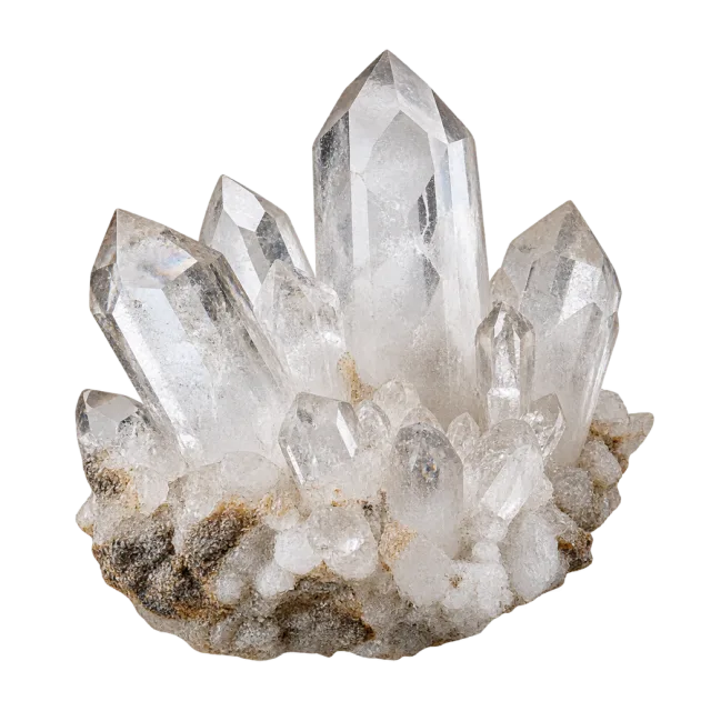 Group of translucent pointed crystals rising from a rough pale base on a transparent background