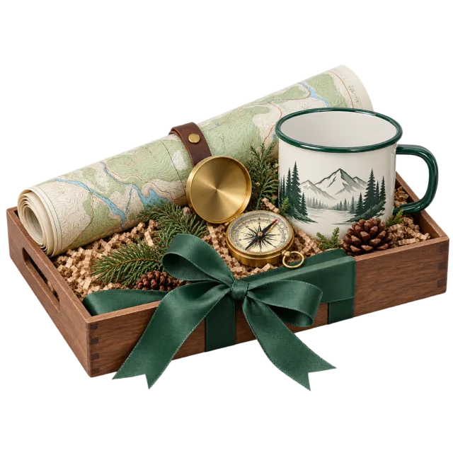 A wooden gift tray with a rolled map, brass-colored compass and an illustrated camping mug