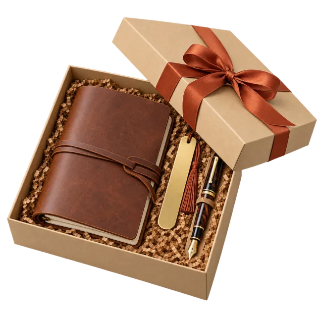 A kraft gift box with a brown travel journal, pens and a rust-colored ribbon