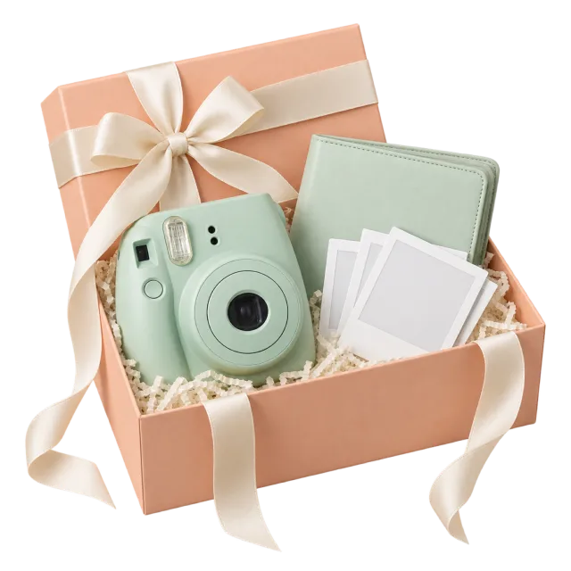 A peach gift box containing a mint instant-style camera, pale album and blank photo cards