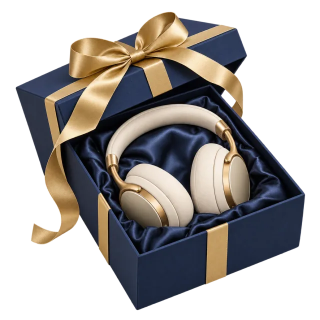 A navy presentation box with cream-colored over-ear headphones and a gold ribbon bow