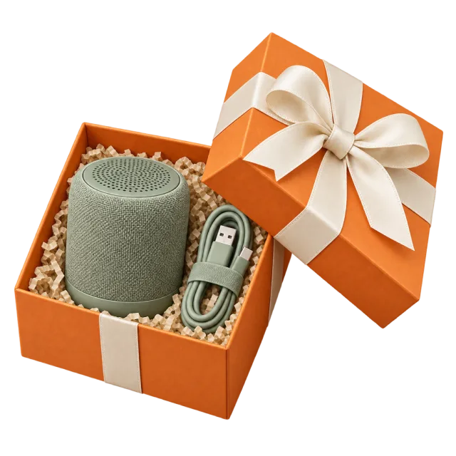 An orange gift box with a sage-green portable speaker and coiled cable under a cream bow