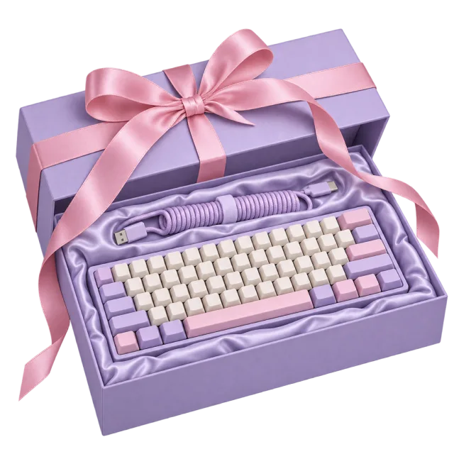 A lavender gift box with a compact pastel keyboard and coiled cable beneath a pink ribbon