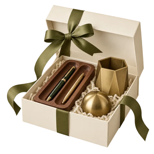 A cream gift box containing a brown pen tray, writing tools and gold-colored desk accessories