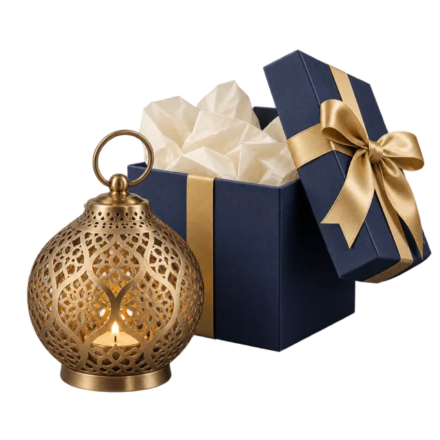 A pierced gold-colored lantern beside a navy gift box with pale tissue and a gold ribbon