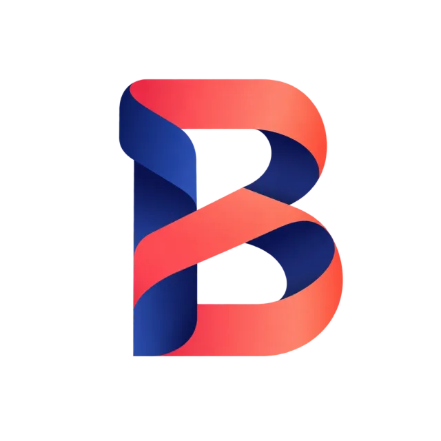 Folded ribbon-like bands form a rounded B with alternating coral and navy surfaces
