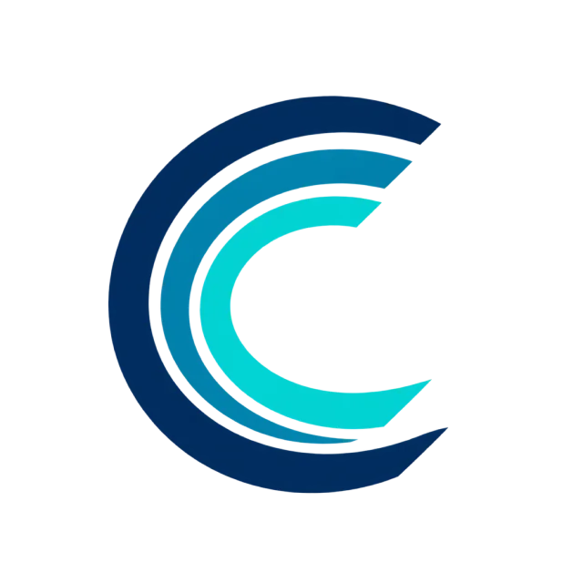 Nested curved bands form a C with tapered ends and narrow white gaps