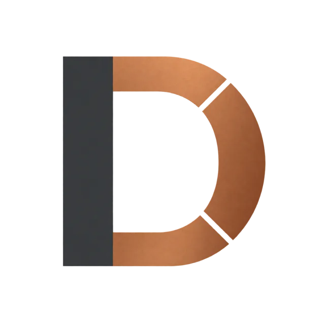 A dark vertical stem meets a copper-colored curved band to form a D with diagonal white cuts
