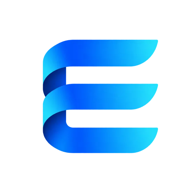 Three horizontal bands curl into a rounded E with blue-to-cyan shading