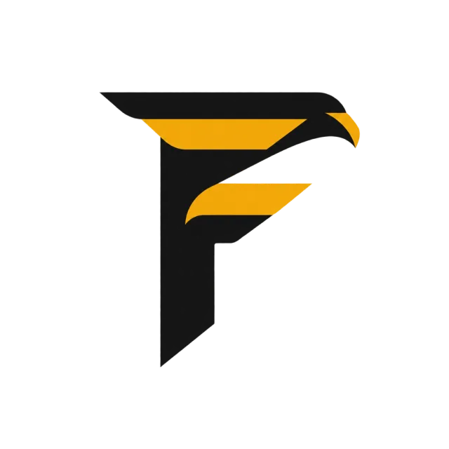 A sharp black F incorporates a bird-like head and gold wing-shaped accents